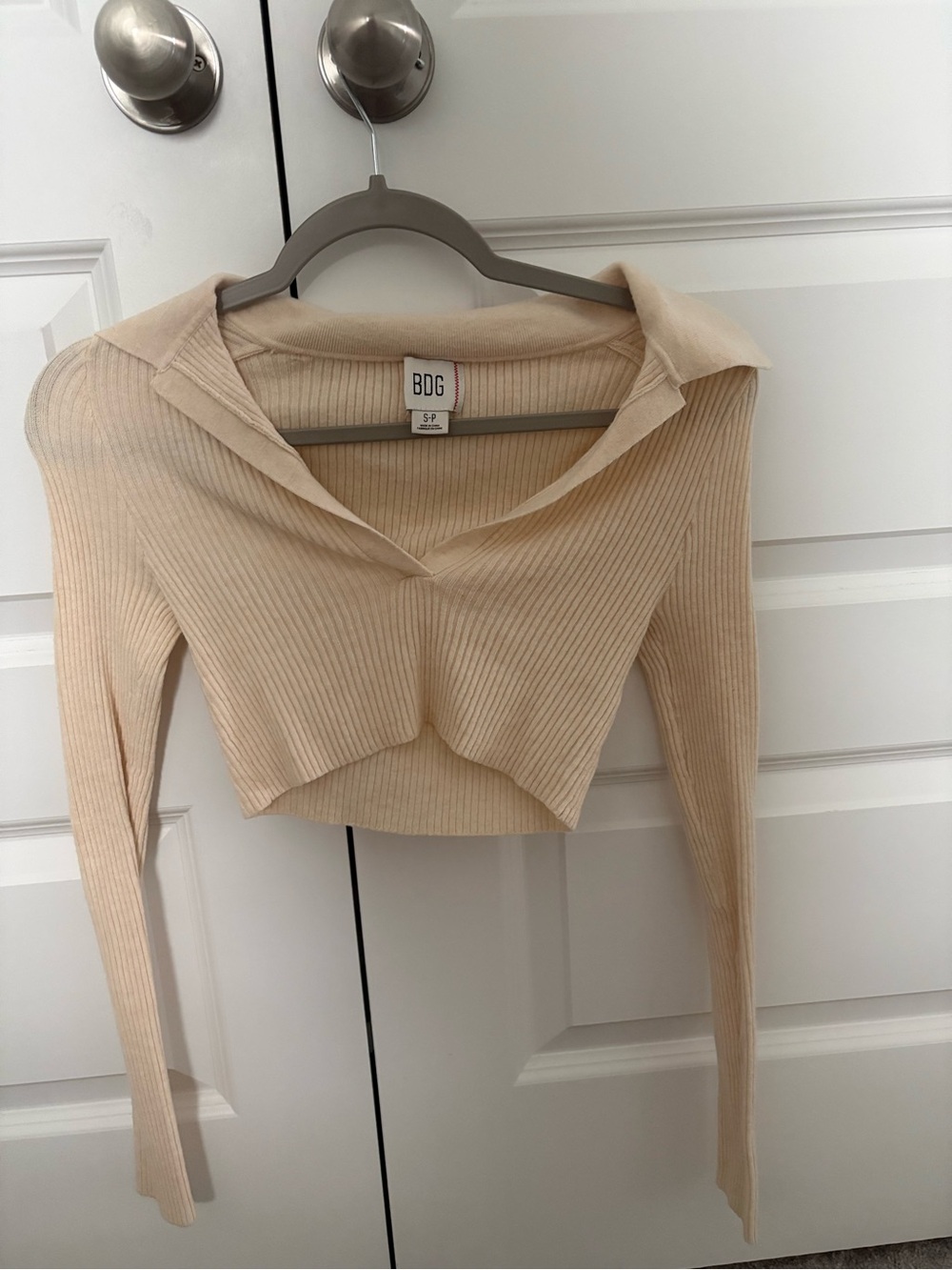 BDG Beige Ribbed Cropped Polo Top